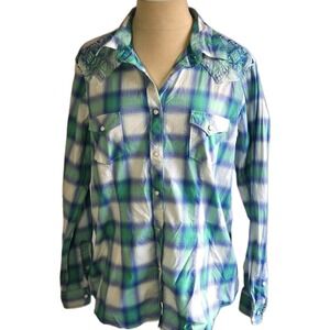 Panhandle Western Plaid Snap Front Shirt Women's Size‎ L Slim Fit Cotton Blue